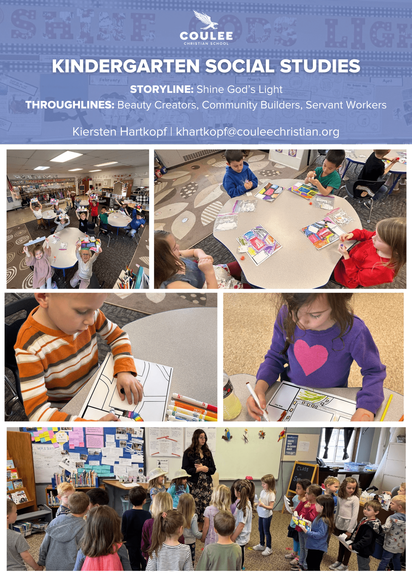 Kindergarten social studies class with students working on projects. Storyline: Shine God's Light.