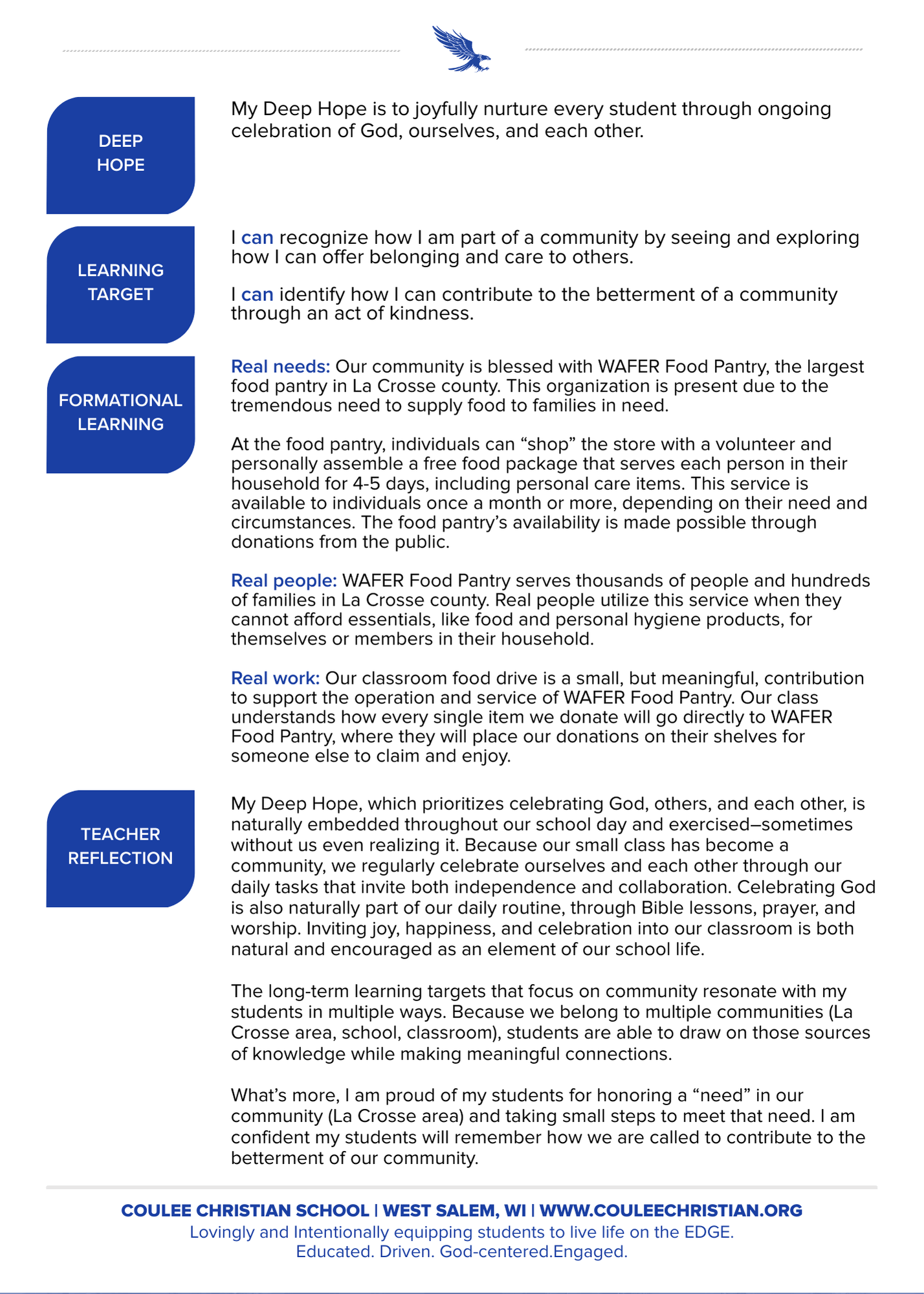 FLEx Cards detail deep hope, learning target, formational learning, and teacher reflection at Coulee Christian School.