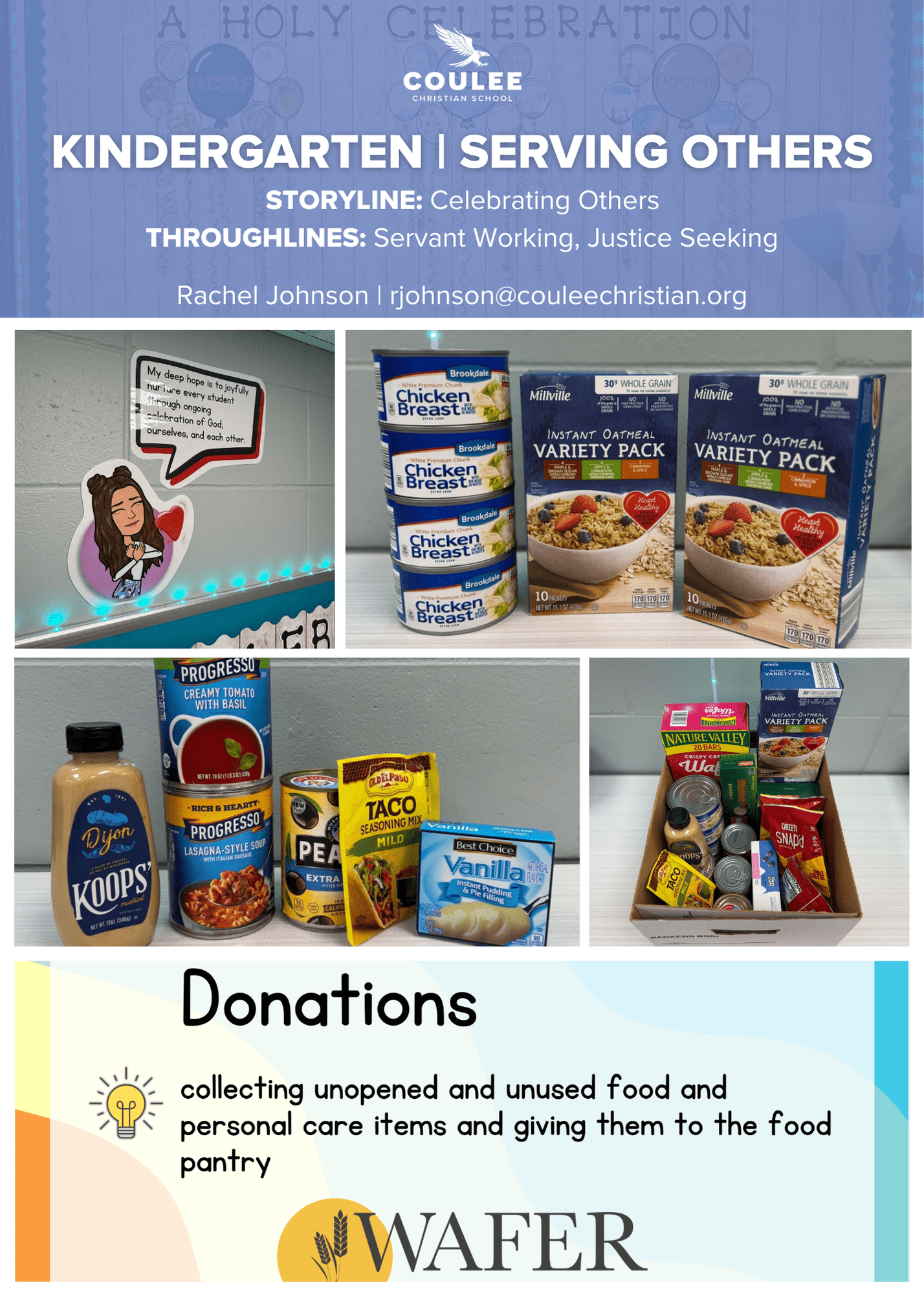 Kindergarten food drive poster featuring donations for the food pantry, "A Holy Celebration.