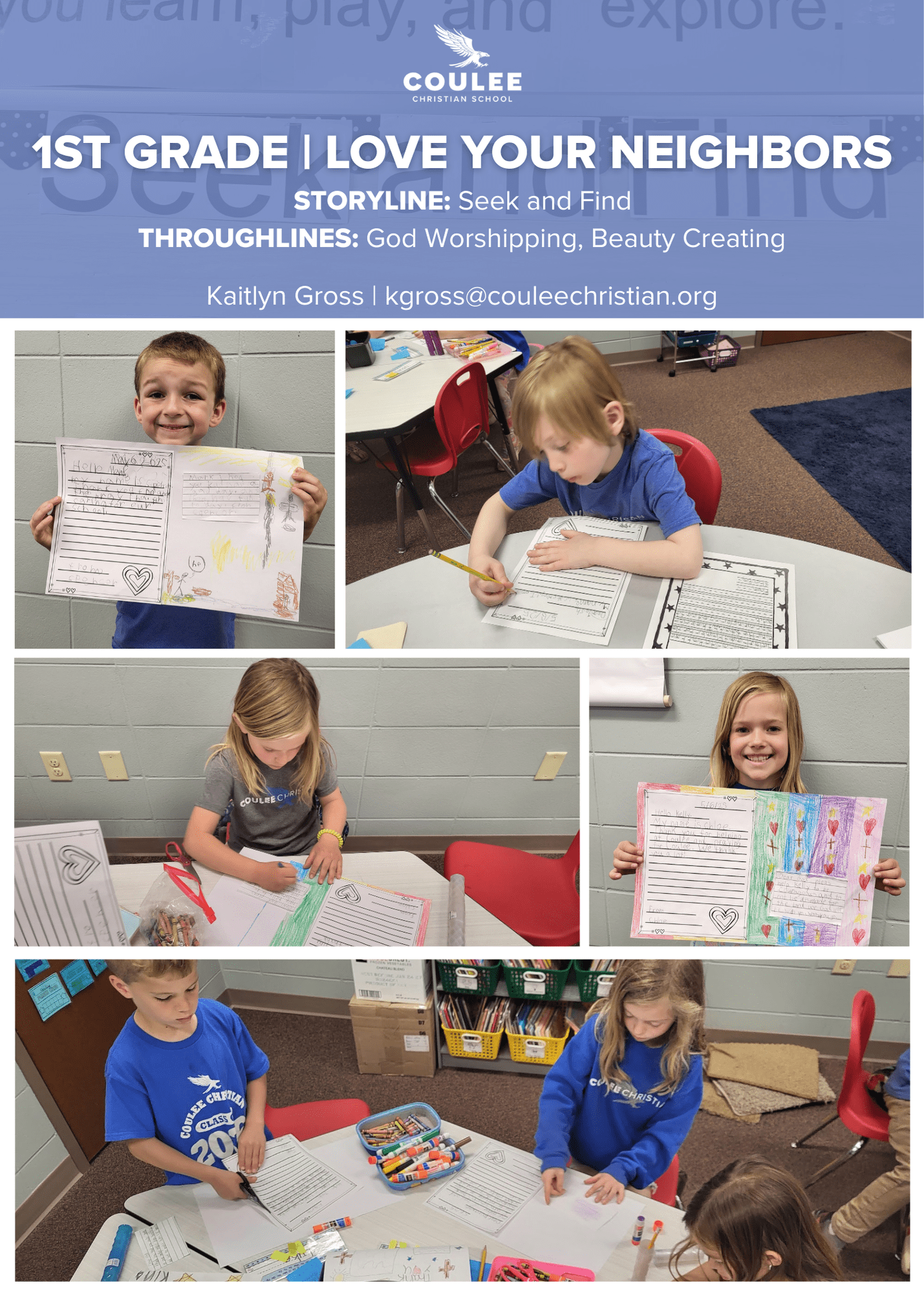 1st graders work on "Love Your Neighbors" projects at Coulee Christian School.