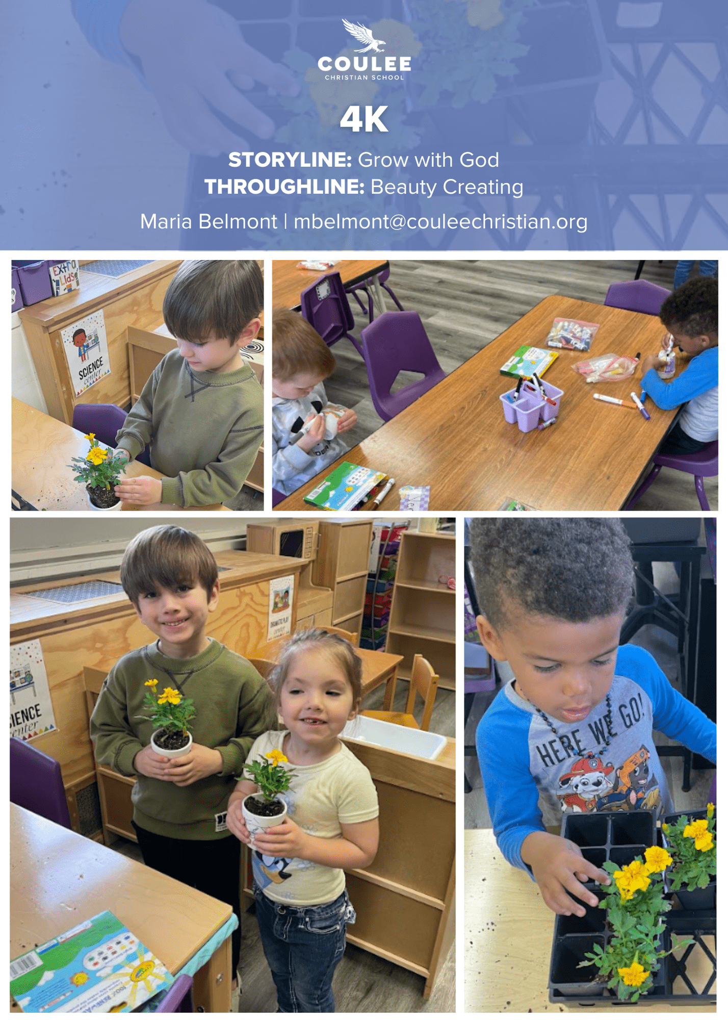 4K students at Coulee Christian School planting flowers, learning about growth and beauty.