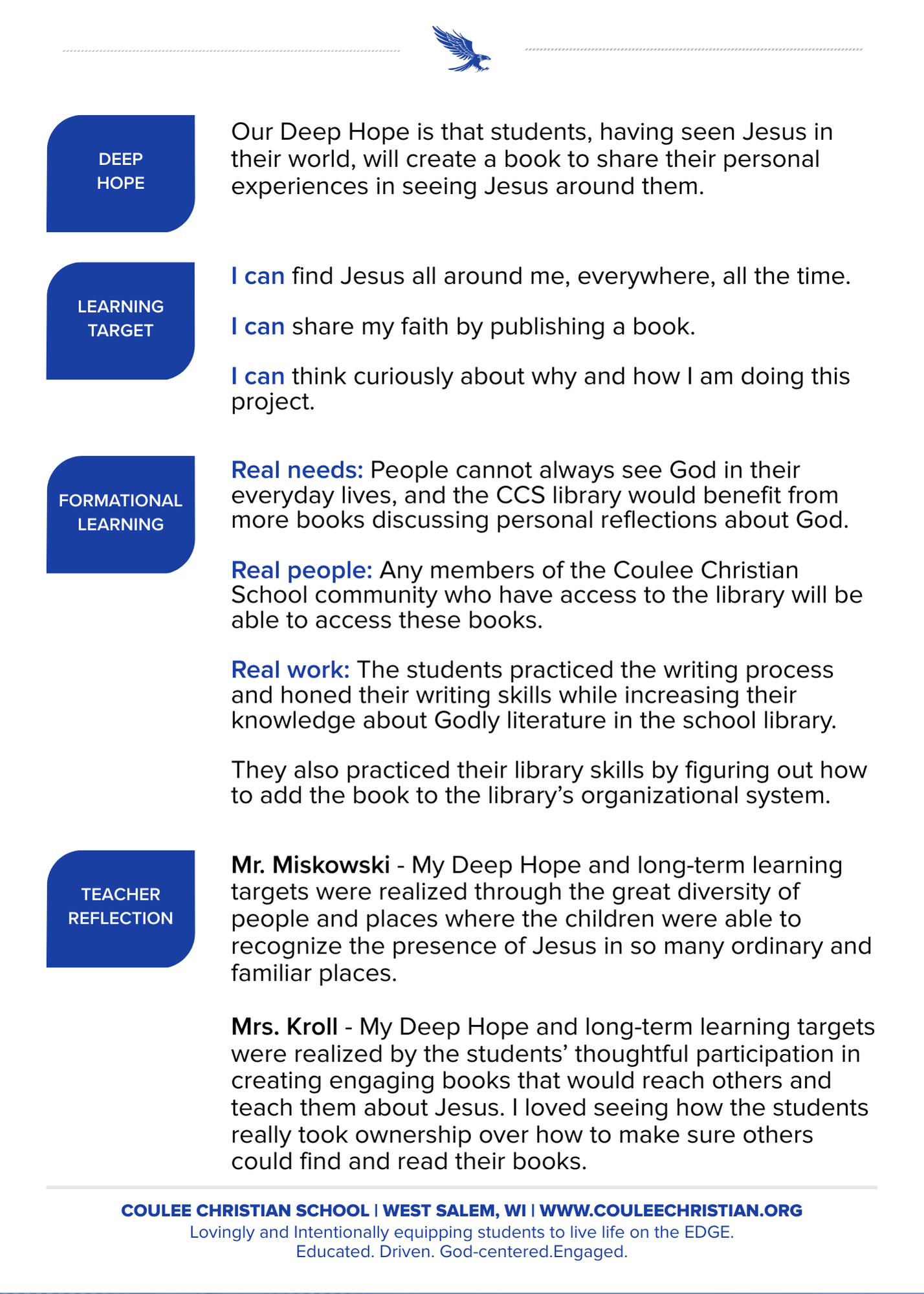 FLEx Cards details Deep Hope and Learning Target for Coulee Christian School students publishing a book.