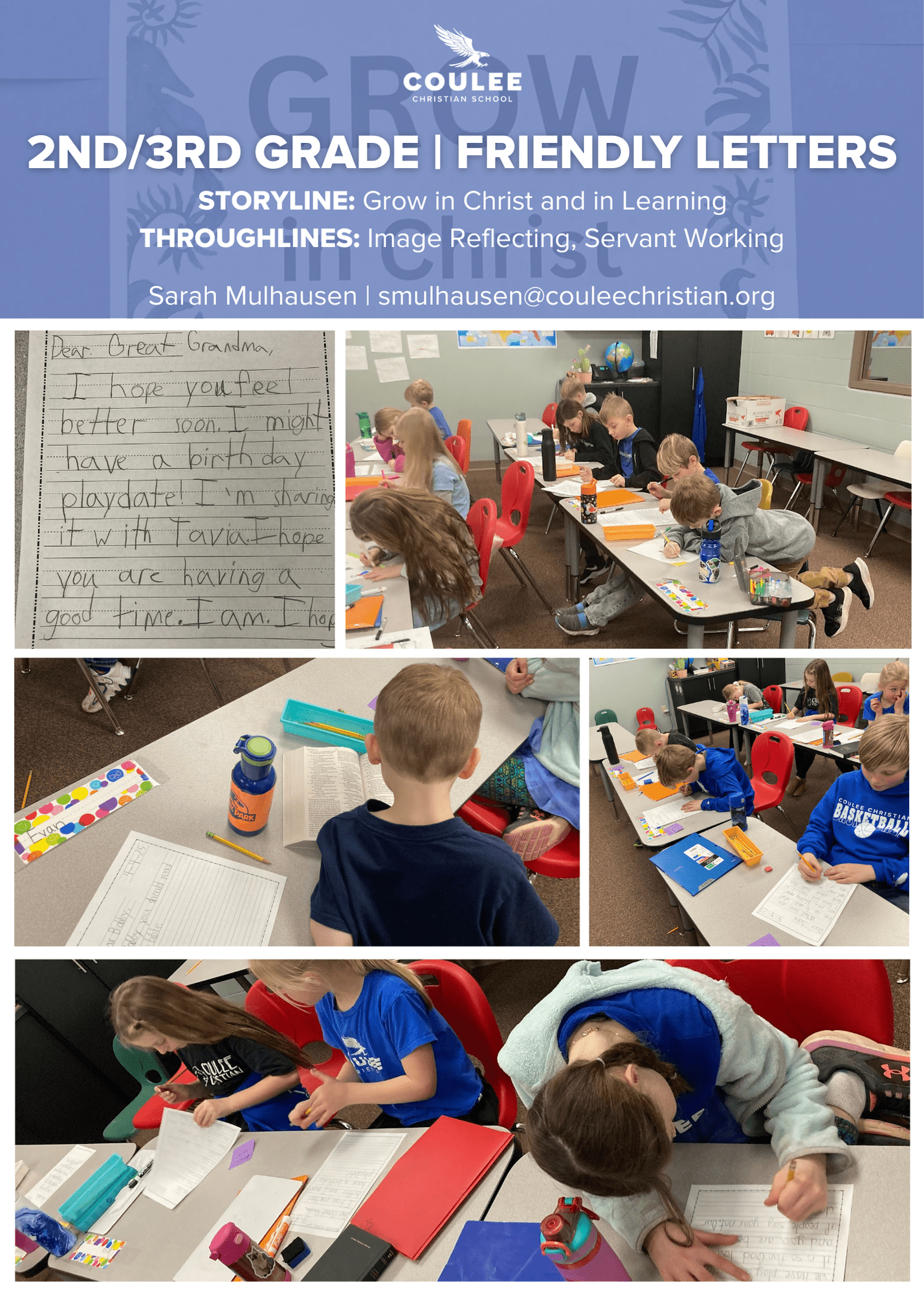 Elementary students writing friendly letters in a Coulee Christian School classroom. "Grow in Christ and in Learning.