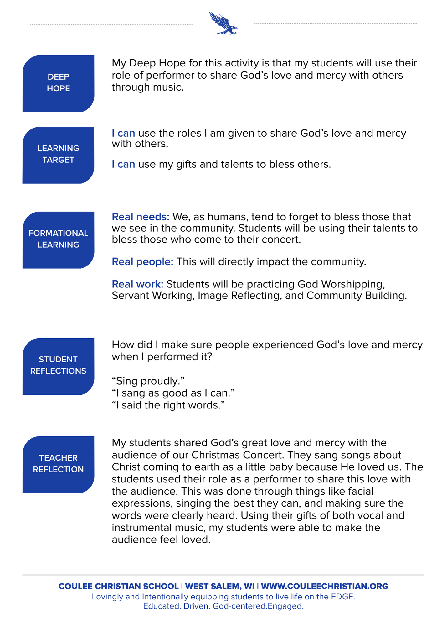 FLEx Card example: Deep Hope, Learning Target, Formational Learning, Student/Teacher Reflections.