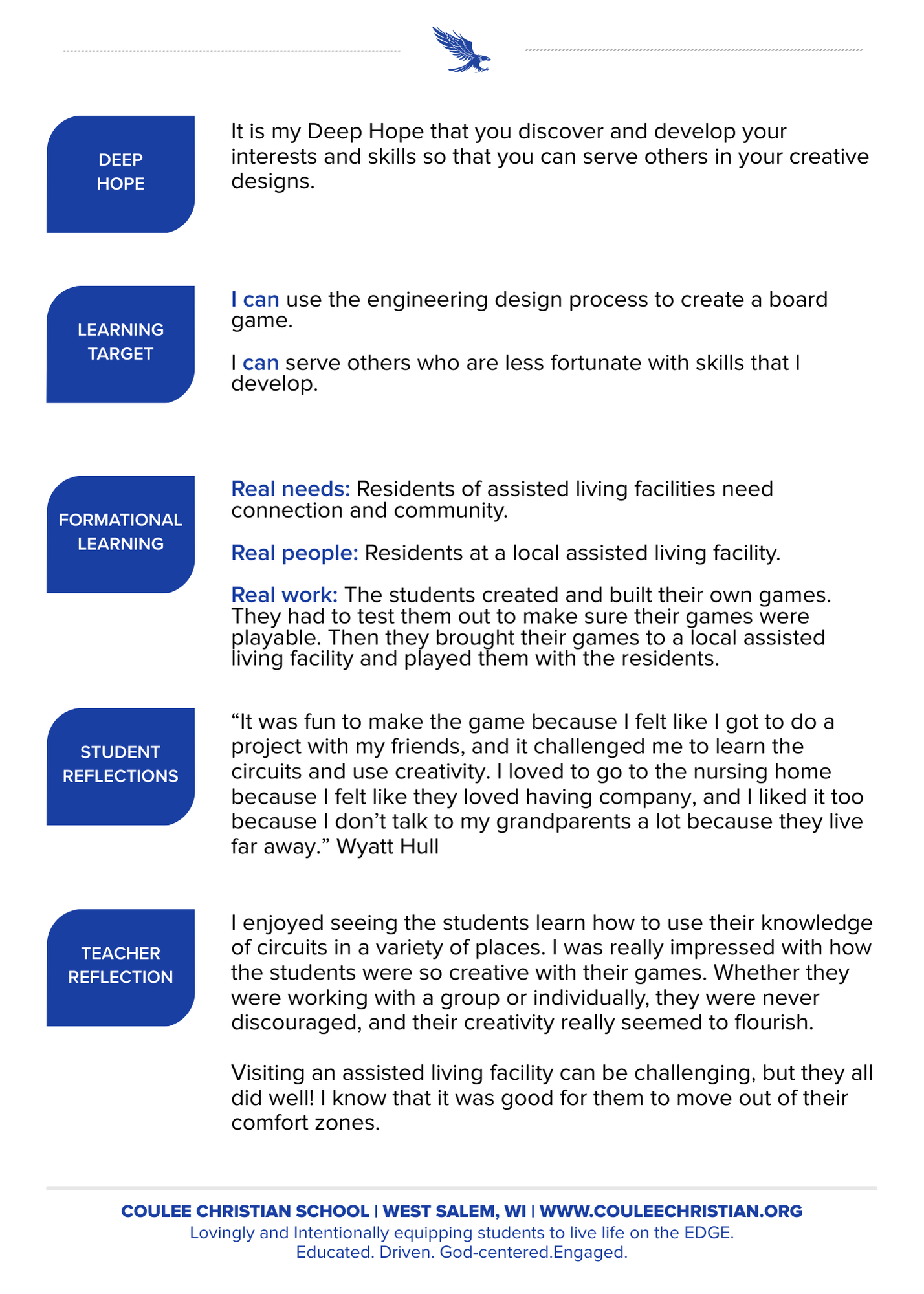 FLEx Card: Students created board games for assisted living residents, fostering connection and creativity.