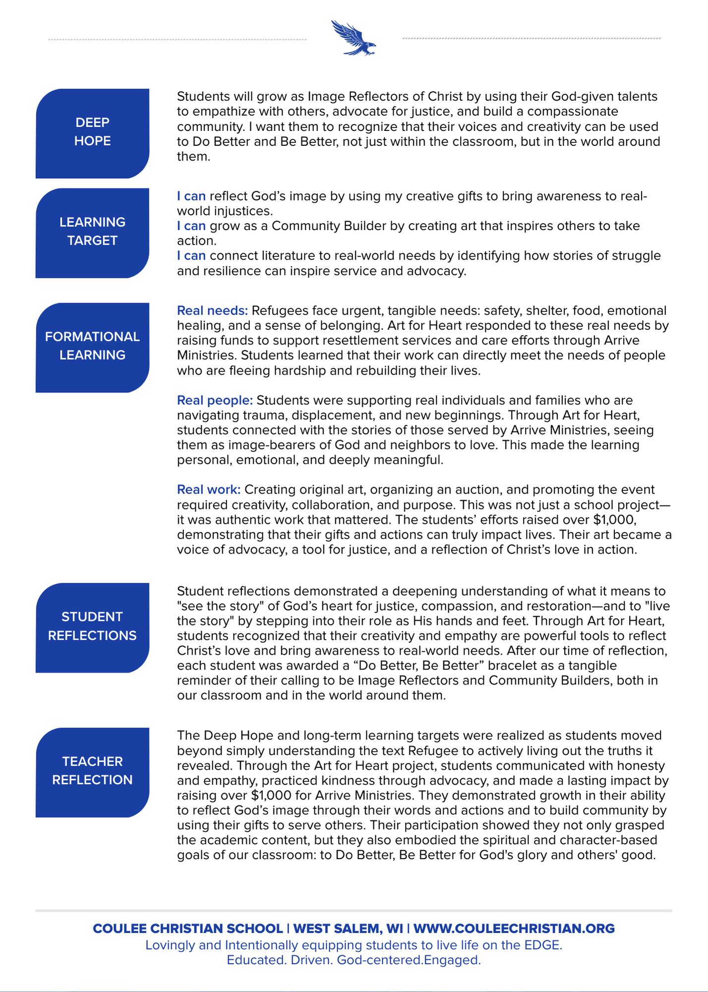 Coulee Christian School's FLEx Cards detailing deep hope, learning targets, and student/teacher reflections on faith and community building.