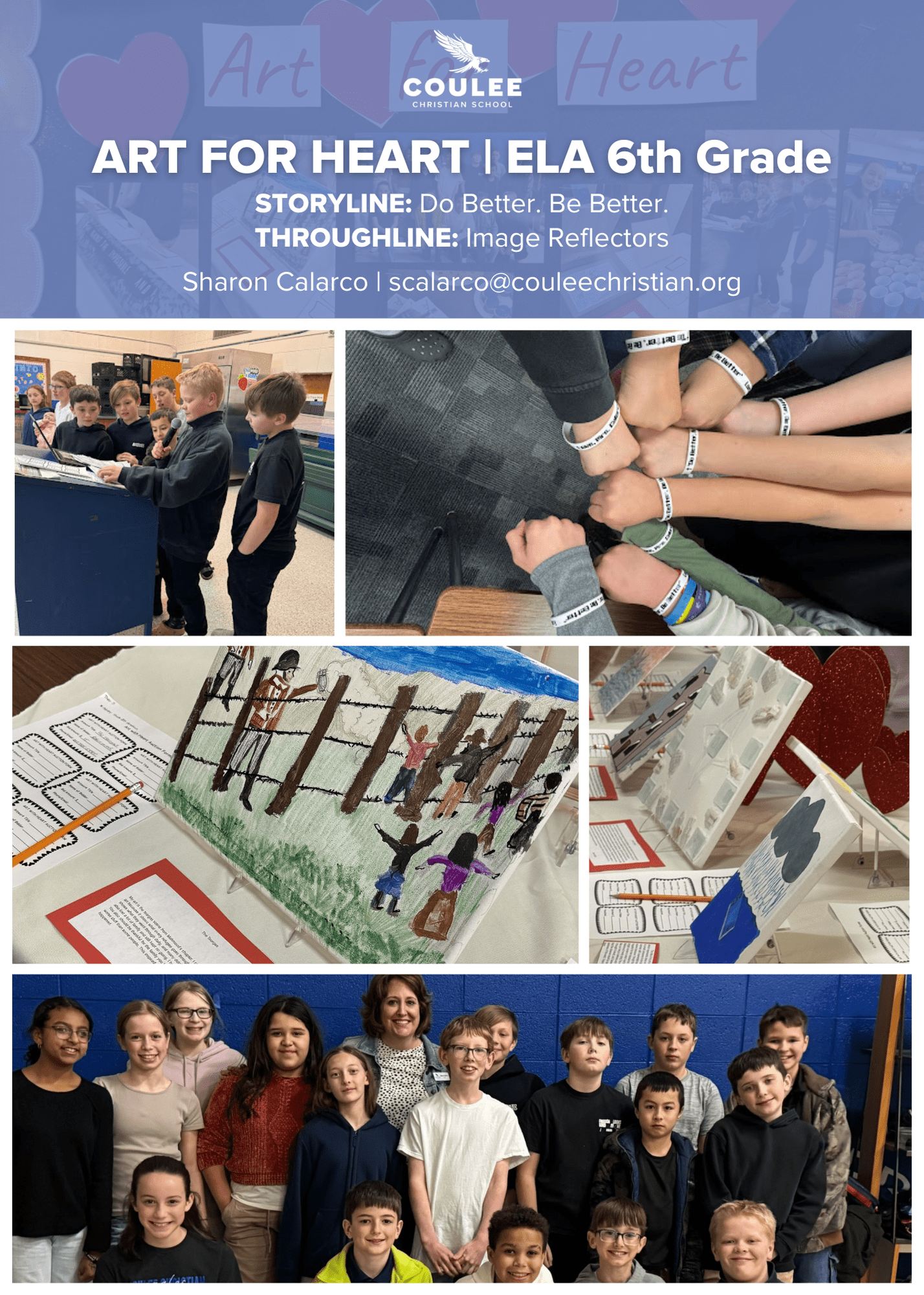 Coulee Christian School's "Art for Heart" project, ELA 6th grade, featuring student artwork and group photos.