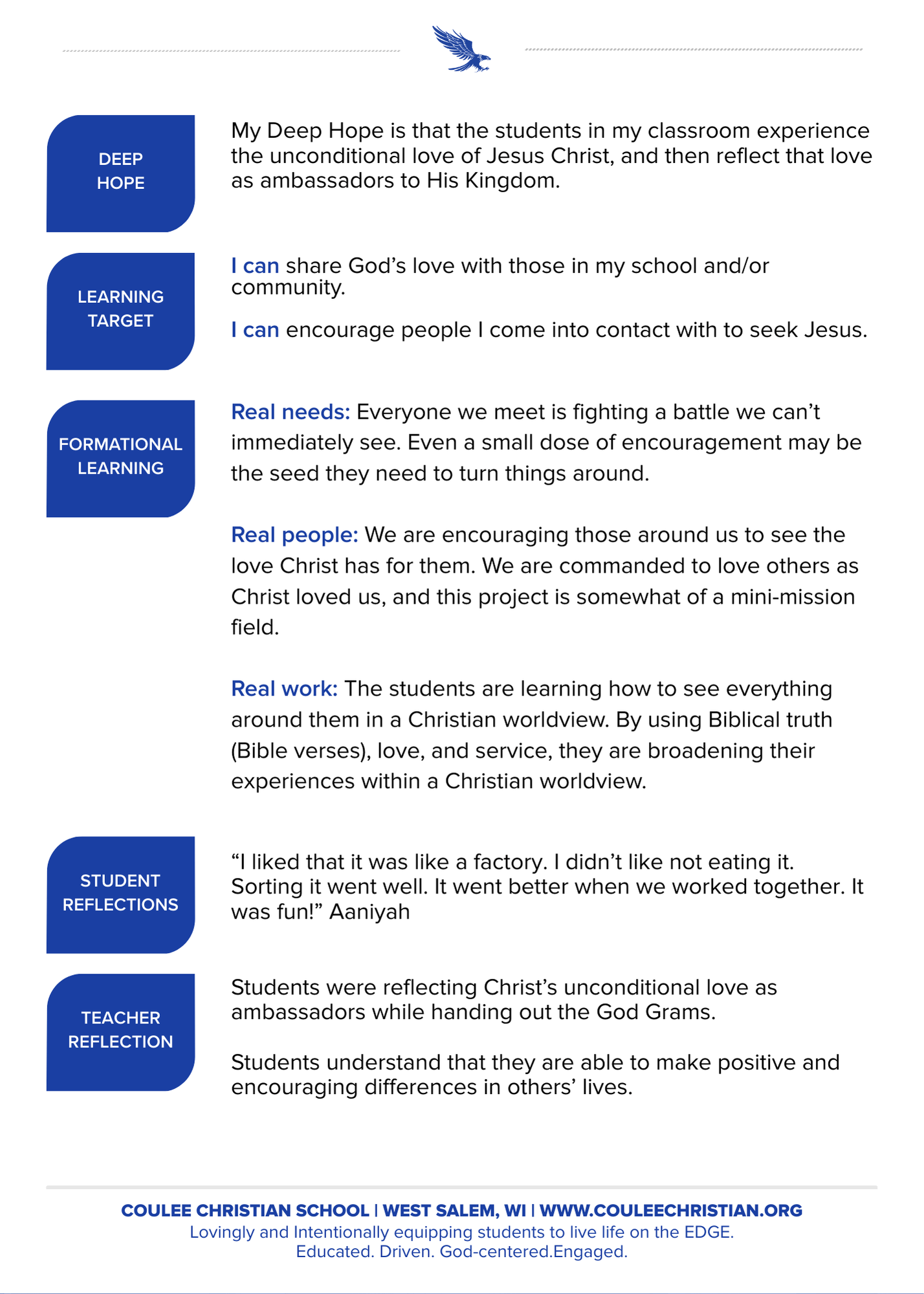 Coulee Christian School's Deep Hope, Learning Target, and Formational Learning goals.