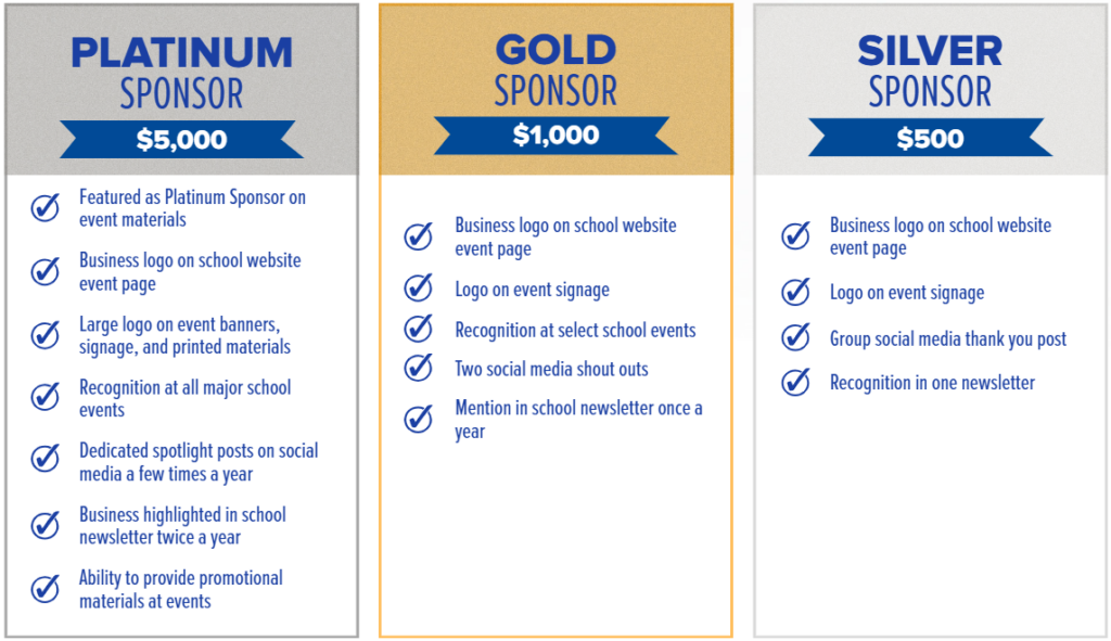 Sponsorship tiers: Platinum $5,000, Gold $1,000, Silver $500 with benefits.